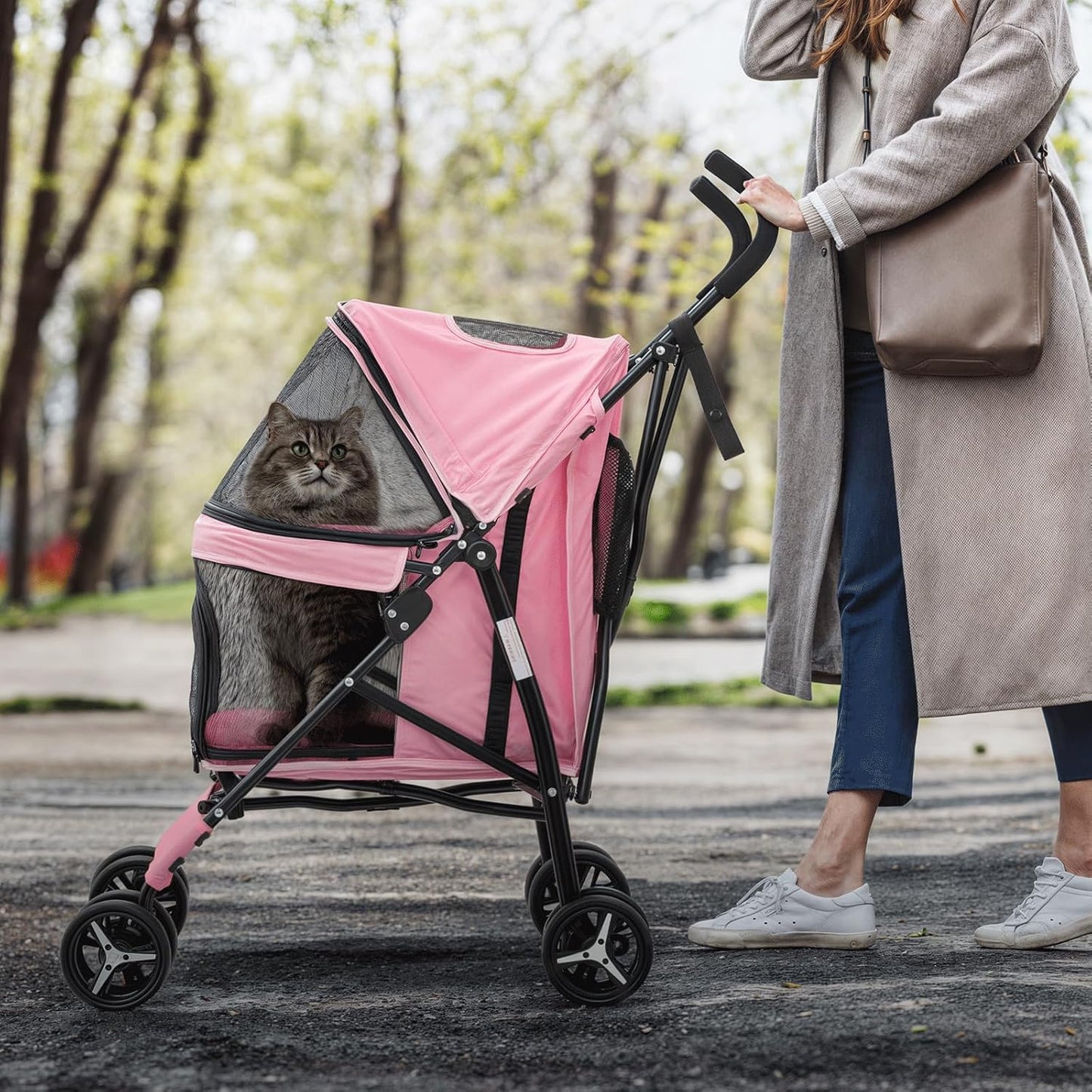 MoNiBloom 4 Wheels Pet Stroller, Easy-Fold Puppy Cage Jogger Stroller with Sun Cover, Pad and Rear Storage Bag, Breathable and Visible Mesh for Small/Medium Pets up to 22 lbs, Pink - Pawvie