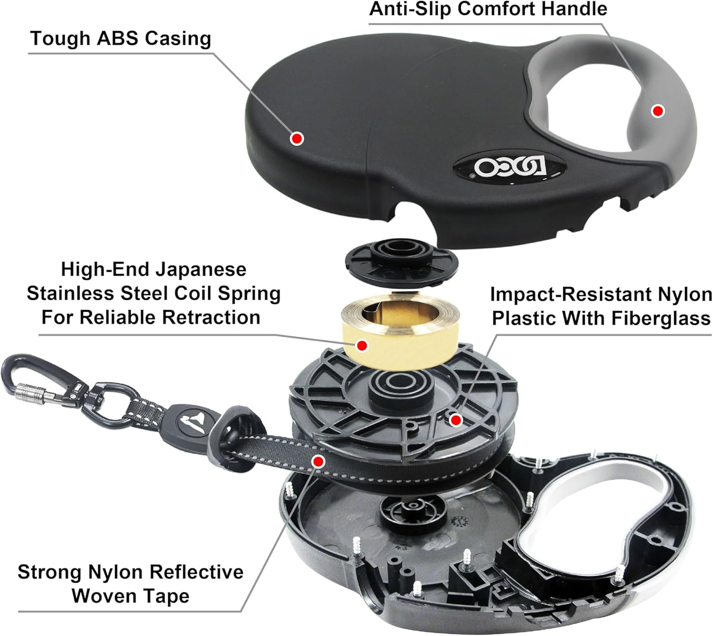 DOCO Retractable Dog Leash for Large Dogs (Length - 16’, Weight - Upto 45lb) Reflective Tape Lead with Stop and Lock Control, Tangle Free 360° Swivel Snap & Anti-Slip Grip (Blue, Medium)