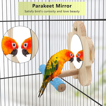 2Pcs Small Bird Mirror Parrot Swing,Wooden Parakeet Perches Flower Interactive Play Toys for Small Budgies Macaw African Grey Parakeets Lovebird Cockatiel Cage Accessories (S,Wood-2p)
