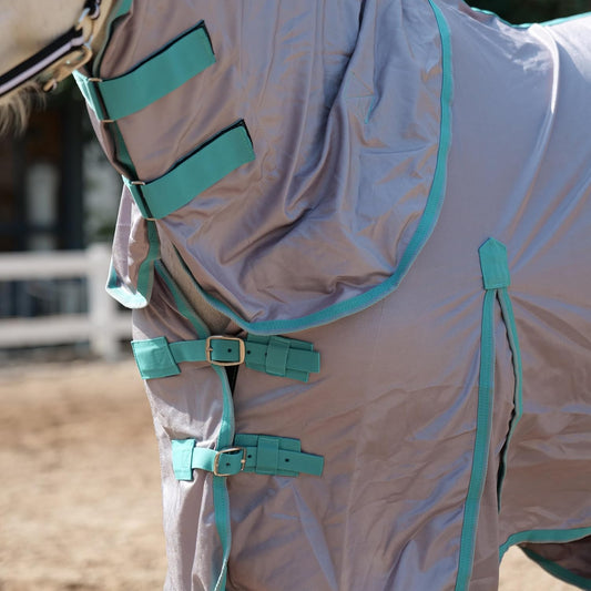 Horse Fly Sheet with Detachable Neck Cover & Belly Wrap, Adjustable Fly Sheet for Horses, Ventilated Airflow Mesh Equine Cooling Summer Flysheet Grey 69
