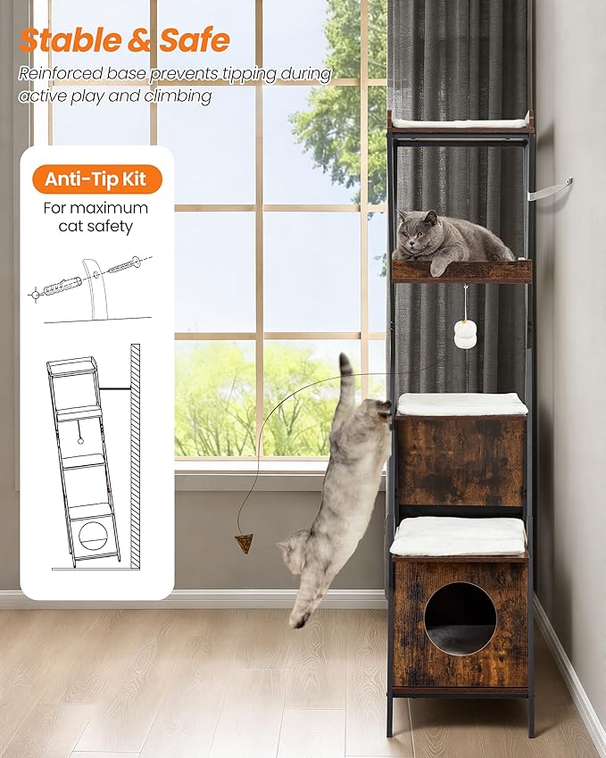 Modern Wood Cat Tree Tower for Indoor Cats Large Adult - 67 Inch Tall Multi-Level Heavy Duty Cat Condo Trees Furniture with Caves Perch Bed Scratching Board - XL Big Sturdy Wooden Kitty House