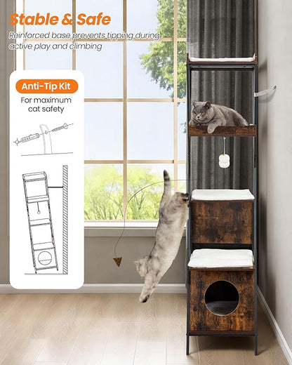Modern Wood Cat Tree Tower for Indoor Cats Large Adult - 67 Inch Tall Multi-Level Heavy Duty Cat Condo Trees Furniture with Caves Perch Bed Scratching Board - XL Big Sturdy Wooden Kitty House
