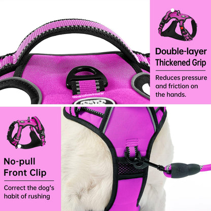 IVY&LANE No Pull Dog Harness for Large Dogs, Dog Vest Harness with Leash, Safety Belt and Storage Strap, Fully Adjustable Harness, 360° Reflective Strip, Soft Handle (Fuchsia Pink, XL)