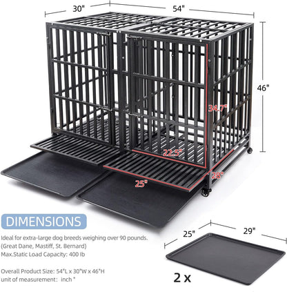 54 inch Heavy Duty Indestructible and Escape-Proof Dog Crate Cage Kennel for 1 XL or 2 Medium Dogs, Divider Panel, Removable Tray & Wheels, for High-Anxiety Dogs, Extra Large XL (Black)