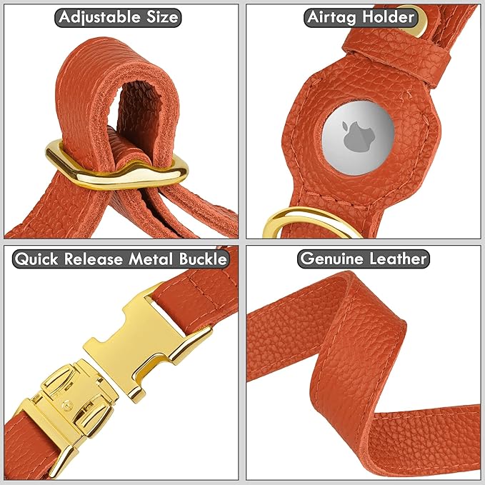 Leather Airtag Dog Collar - Soft Tracking Dog Collar with Apple AirTag Holder and Metal Buckle - Safety GPS Pet Collars for Small Medium Large Dogs Puppy Pink Red (Orange, XL, 20"-25" Neck Fit)