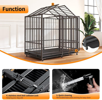 54 in Heavy Duty Indestructible Dog Crate Steel Escape Proof, High Anxiety Cage with Wheels, Removable Tray, Extra Large Dog Kennel XL XXL