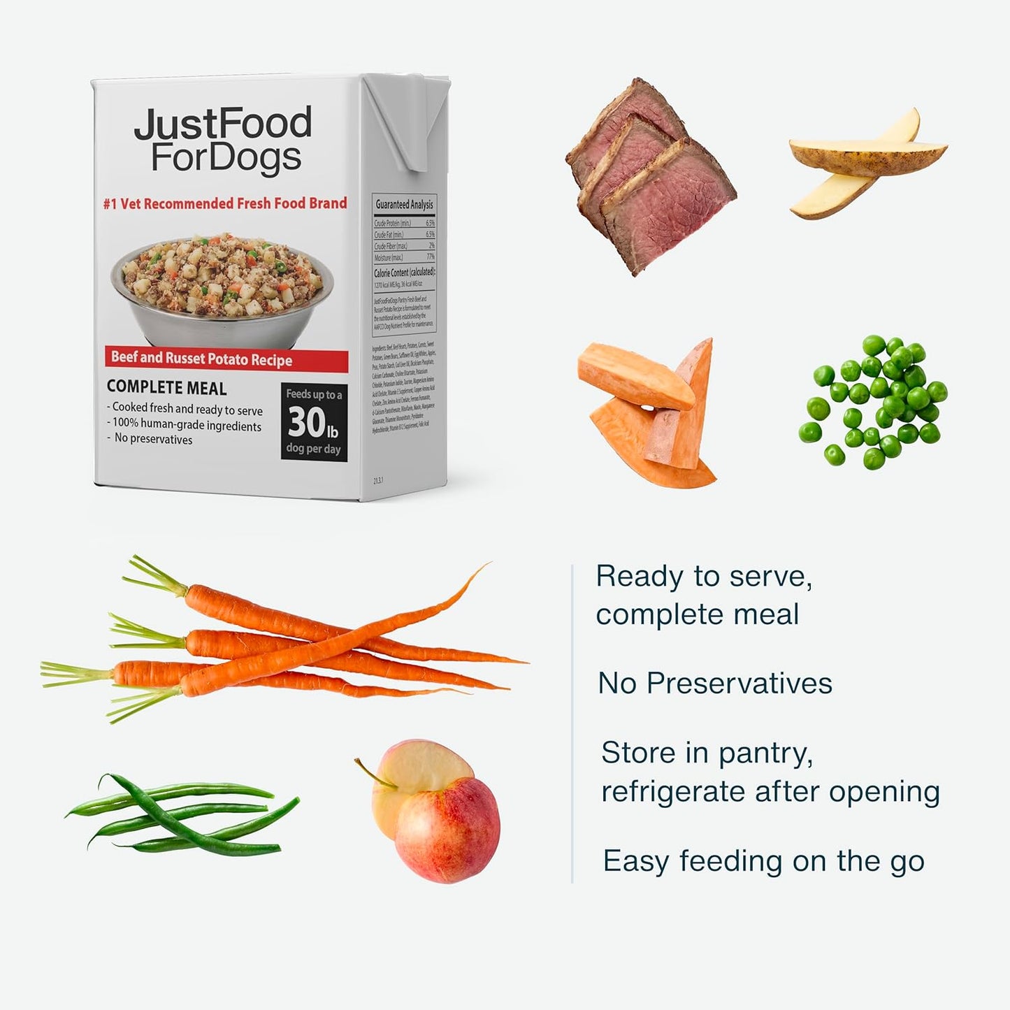 JustFoodForDogs Pantry Fresh Wet Dog Food, Complete Meal or Dog Food Topper, Beef & Russet Potato Human Grade Dog Food Recipe - 12.5 oz (Pack of 6)