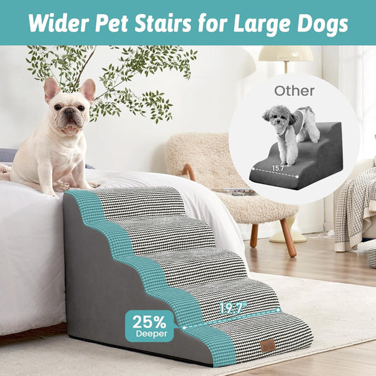 Extra Wide Dog Stairs 19.7" Width, Large Pet Step for Small Medium Dog, Puppy or Cat, Ramp for High Bed or Car, High Density Foam Ladder, Stable, 5 Step, 19.7x33x22.4 inch, White Black