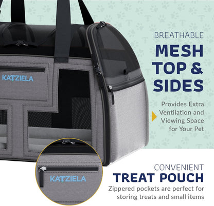 Katziela Airline Approved Pet Carrier - Rolling Portable Travel Carry Crate for Small Dog, Puppy or Cat - Soft Removable Wheeled Design with Mesh Window Sides - Airplane and TSA Compliant (Dark Grey)