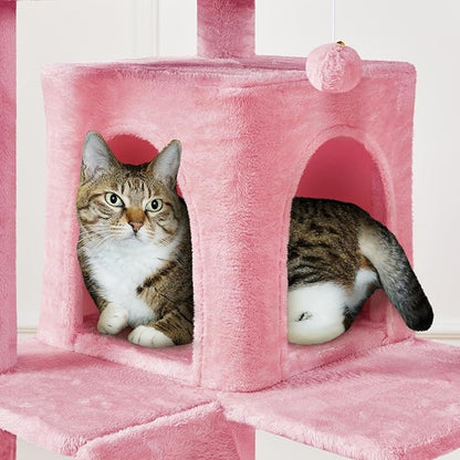 Yaheetech XL Cat Tree, 80in Multi-Level Cat Tower w/Scratching Posts, Double Condo, Perched Platforms and Dangling Balls, Pet Activity Center for Kittens, Pink