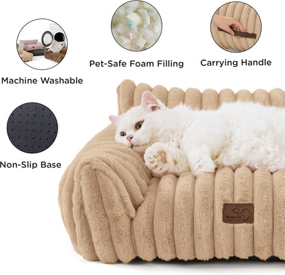 Bedsure Cute Cat Couch for Pets - Fluffy Cat Sofa with Premium Soft Corduroy Fleece, Fuzzy Pet Couch Bed with Removable Washable Cover, Supportive Pet Chair for Indoor Cats, 24inch, Tuscan Beige