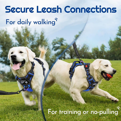 Eagloo Dog Harness for Large Dogs, Easy Wearing with 3 Buckles, Adjustable No Pull Pet Harness with 2 Rings for Walking, No Chock Reflective Soft Padded Vest with Control Handle, Blue & Black, XL