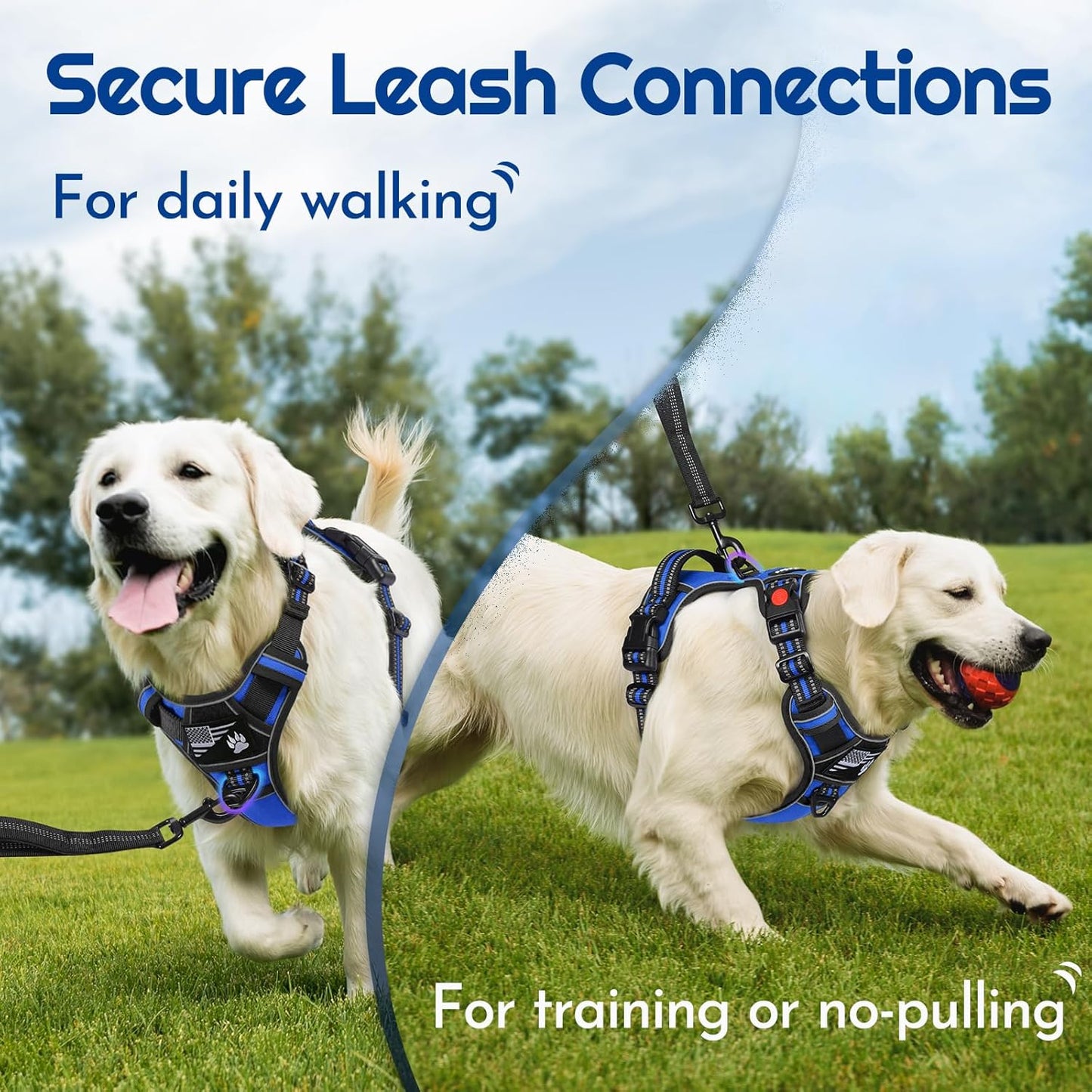 Eagloo Dog Harness for Large Dogs, Easy Wearing with 3 Buckles, Adjustable No Pull Pet Harness with 2 Rings for Walking, No Chock Reflective Soft Padded Vest with Control Handle, Blue & Black, L