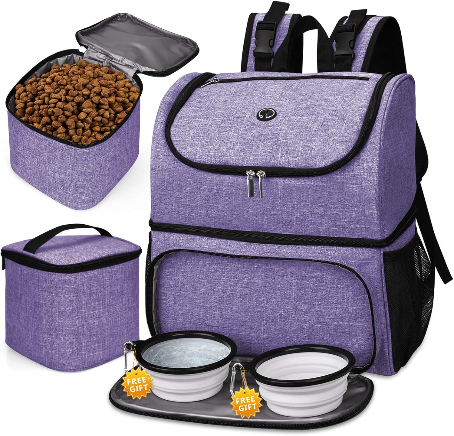 BAGLHER Pet Travel Bag, Double-Layer Pet Supplies Backpack (for All Pet Travel Supplies), Pet Travel Backpack with 2 Silicone Collapsible Bowls and 2 Food Baskets Purple - Pawvie
