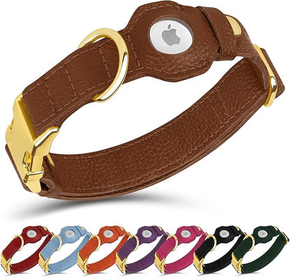 Leather Airtag Dog Collar - Soft Tracking Dog Collar with Apple AirTag Holder and Metal Buckle - Safety GPS Pet Collars for Small Medium Large Dogs Puppy Pink Red (Brown, M, 14"-18" Neck Fit)