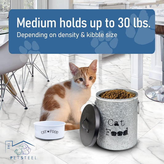 Medium Cat 30lb Pet Food Storage Canister with Scoop â Durable & Airtight for Freshnesss, Minimalist Design & Recyclable, Huge Large Metal Container (Cat Bin - Medium Size)