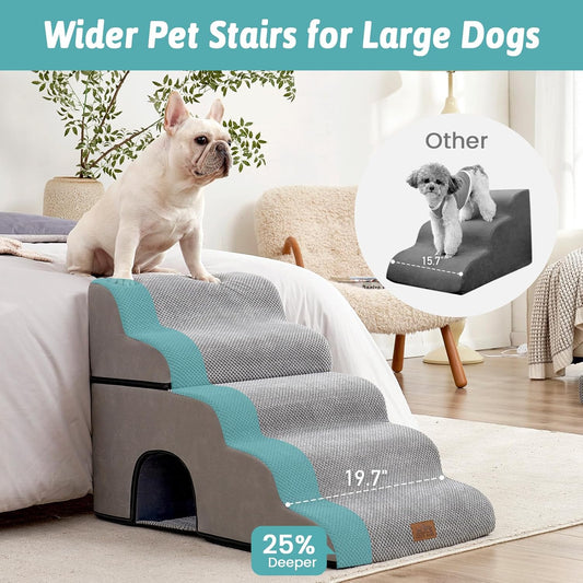 Extra Wide Dog Stairs with Tunnel, Detachable Large Pet Step for Small Medium Dog, Puppy or Cat, Ramp for High Bed, Couch, Sofa or Car, Stable, 19.7x33x22.4 inch, 5 Step, Grey