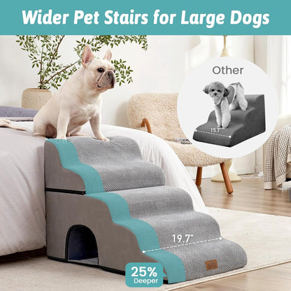 Extra Wide Dog Stairs with Tunnel, Detachable Large Pet Step for Small Medium Dog, Puppy or Cat, Ramp for High Bed, Couch, Sofa or Car, Stable, 19.7x33x22.4 inch, 5 Step, Grey