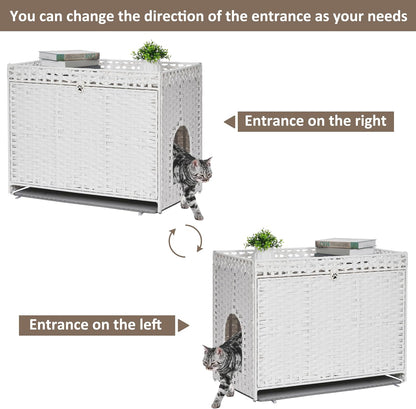 Cat Litter Box Enclosure with Soft Litter Mat; Hidden Cat Washroom Furniture with Door; Handwoven Rattan Cat House with Large Space; Pet Crate for Living Room, Bedroom, Balcony (White)