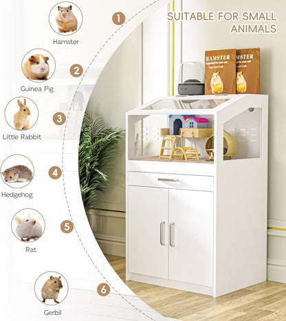 Hamster Cage with Storage Cabinet, Guinea Pig Cage for Small Animals, Large Hamster Cage and Habitat with Easy View Acrylic Panels for Hamster, Rabbit, Guinea Pig, Hedgehog (24"x19"x40")