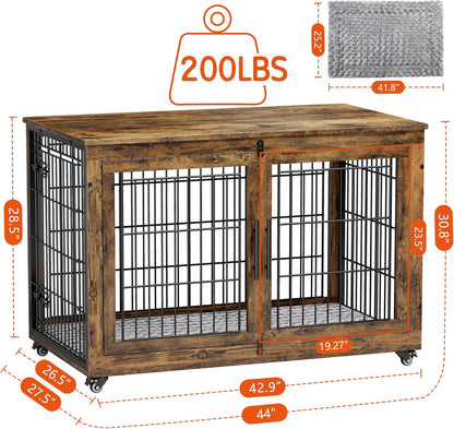 Lulive Dog Crate Furniture, XL Wooden Dog Kennel Indoor Double Doors Dog Cage, 44'' Heavy Duty Dog Crate with Cushion & Wheels, Decorative End Table Pet House Chew-Resistant for Large Dogs, Brown