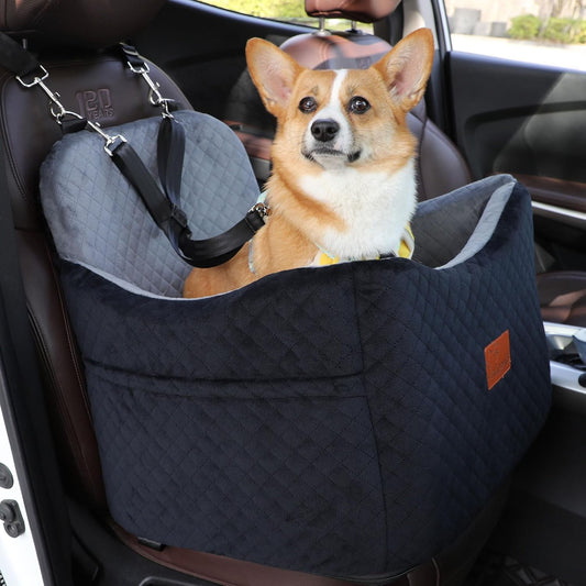 Dog Car Seat for Small Medium Dogs-Safety and Comfy Pet Booster Carseats with 2 Clip-On Satebelt & Storage Pockets,Washable and Detachable Puppy Car Seat for Dogs up to 30 lbs.(H-Black/Grey) - Pawvie