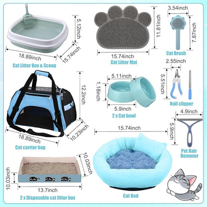 40 Pcs Kitten Starter Kit for Indoor Cats Include Litter Box, Carrier, Cat Bed, Climbing Post, Scratch Pad, Hammock, Feed Bowls, Mat, Collars, Nail File and More for Kitten Supplies Welcome Gift(Blue)