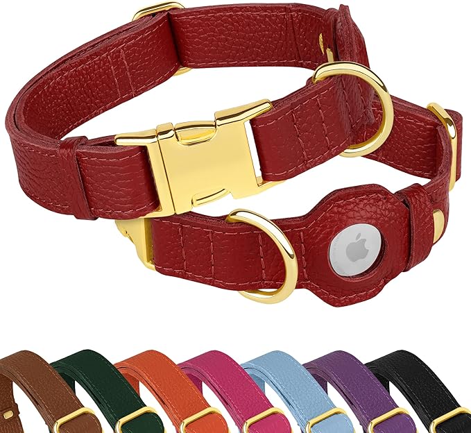 Leather Airtag Dog Collar - Soft Tracking Dog Collar with Apple AirTag Holder and Metal Buckle - Safety GPS Pet Collars for Small Medium Large Dogs Puppy Pink Red (Red, M, 14"-18" Neck Fit)