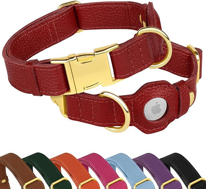 Leather Airtag Dog Collar - Soft Tracking Dog Collar with Apple AirTag Holder and Metal Buckle - Safety GPS Pet Collars for Small Medium Large Dogs Puppy Pink Red (Red, M, 14"-18" Neck Fit)