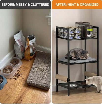 4in1 Cat Furniture Stand with Cat Scratching Post, Cat Food Bowls, Cats Bed Platform, Cats Food Storage Organizer, All in One Pet Furniture for Small Space (Black)