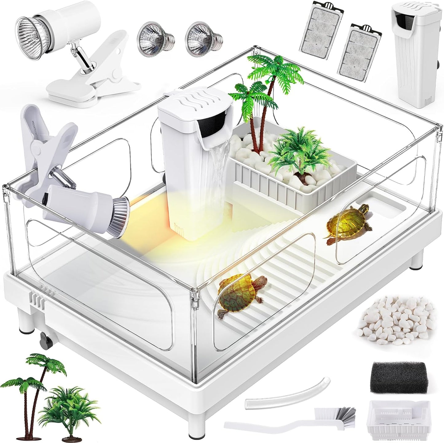 Small Turtle Tank Kit(Tank+Light+Filter), Acrylic Turtle Tank Starter Kit with Bask Platform, Bottom Drain, Multi-Function Area for Small Reptiles.(White) - Pawvie