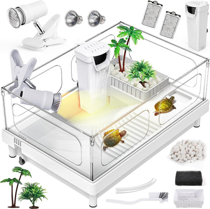 Small Turtle Tank Kit(Tank+Light+Filter), Acrylic Turtle Tank Starter Kit with Bask Platform, Bottom Drain, Multi-Function Area for Small Reptiles.(White) - Pawvie