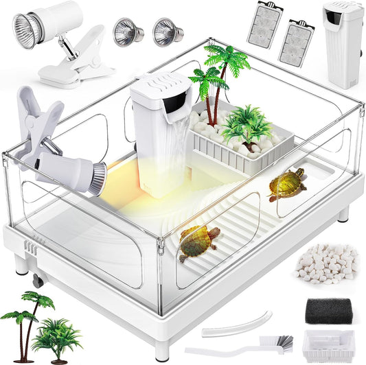 Small Turtle Tank Kit(Tank+Light+Filter), Acrylic Turtle Tank Starter Kit with Bask Platform, Bottom Drain, Multi-Function Area for Small Reptiles.(White) - Pawvie
