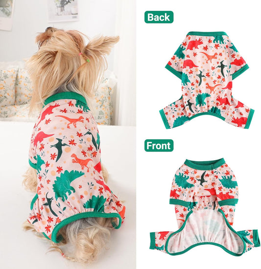 Dog Pajamas Small Sized Dogs Stretchable Summer Dog Clothes Pjs 4 Legs Girl Boy Cute Soft Puppy Outfits Doggie Cat Jammies Jumpsuit Sleeper for Pet, Dinosaur, L