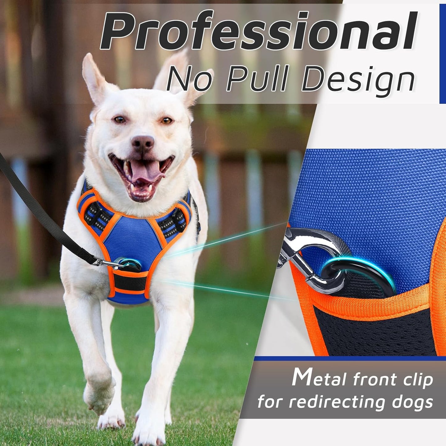 Eagloo Dog Harness for Large Dogs, No Pull Service Vest with Reflective Strips and Control Handle, Adjustable and Comfortable for Walking, No Choke Pet Harness with 2 Metal Rings, Blue & Orange, L