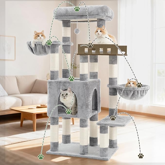 Cat Tree for Indoor Cats Large Adult, Heavy Duty Cat Tree for Large Cats 20 lbs+, Cat Condo with Big Wooden Perch, Cat Tower with 14 Scratching Posts, Hammock, Light Gray GCT023W