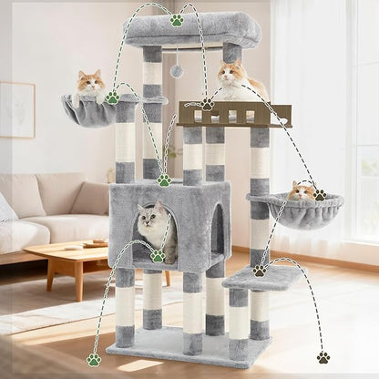 Cat Tree for Indoor Cats Large Adult, Heavy Duty Cat Tree for Large Cats 20 lbs+, Cat Condo with Big Wooden Perch, Cat Tower with 14 Scratching Posts, Hammock, Light Gray GCT023W