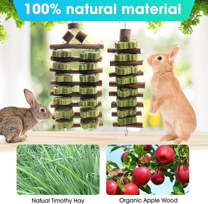 WDEFUN Natural Peach Wood Clover Cake Teeth Grinding Toy String - Rabbit Snack Chewing Toy, Safe and Durable Pet Teeth Grinding Rod, Caring for Dental Health