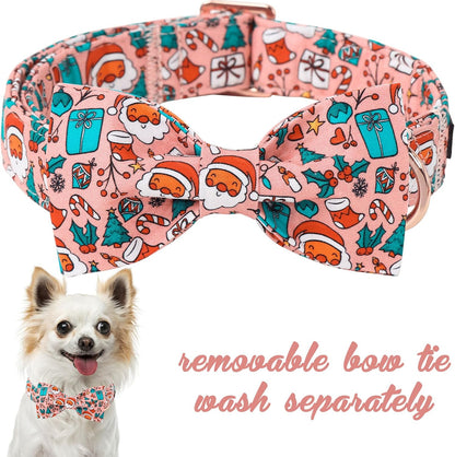 Unique Style Paws Christmas Day Dog Collar with Bow Pink Christmas Man Cotton Puppy Collars for Small Medium Large Dogs