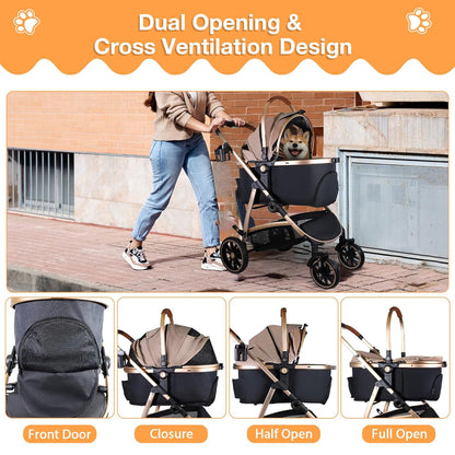 Dog Stroller for Small Medium Dogs, 3 in 1 Folding Pet Stroller Up to 33 lbs, 4 Wheels Pet Strolling Cart with Zipperless Entry, Cat Dog Travel Carrier with Cup Holder & Storage Basket - Pawvie