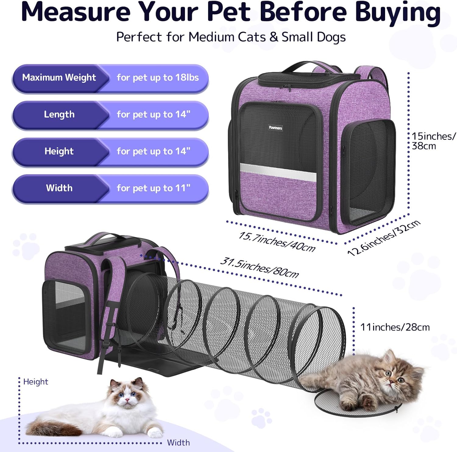 Pawtners Cat Carrier Backpacks Expandable Cat Backpack with Breathable Mesh, Pet Carrier Backpack for Cats Small Dogs Puppies Up to 18 Lbs, Dog Carrier Backpack for Travel Hiking Camping Outdoor - Pawvie