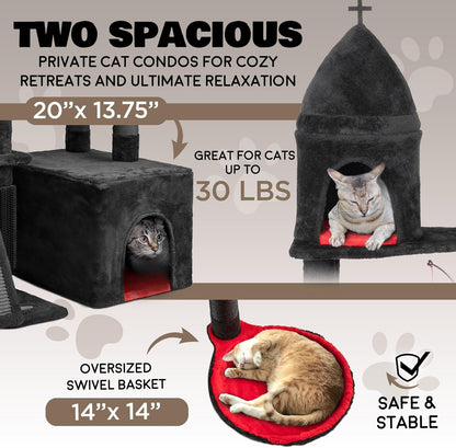 Large Cat Tree Tower for Large Cats, Cat Scratching Post, Self Grooming Post, Interactive Cat Toys, Oversized Perch and Basket, Heavy Duty 72", Black and Red