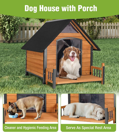 Large Dog House Outdoor Weatherproof with Porch, All-Metal Frame Chew-Proof Dog Kennel with Asphalt Roof, for Small Medium Large Dogs