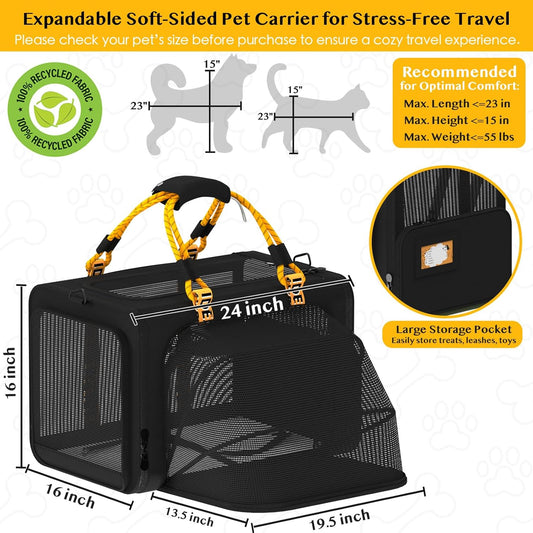 PAWZIDEA Expandable Large Pet Carrier, 24"X16"X16" Cat Carrier for 2 Cats, Collapsible Dog Travel Crate for Small Medium Dog Up 55lbs, Soft-Sided Secure Car Seat, XL Storage Pocket, ID Card, Chewproof