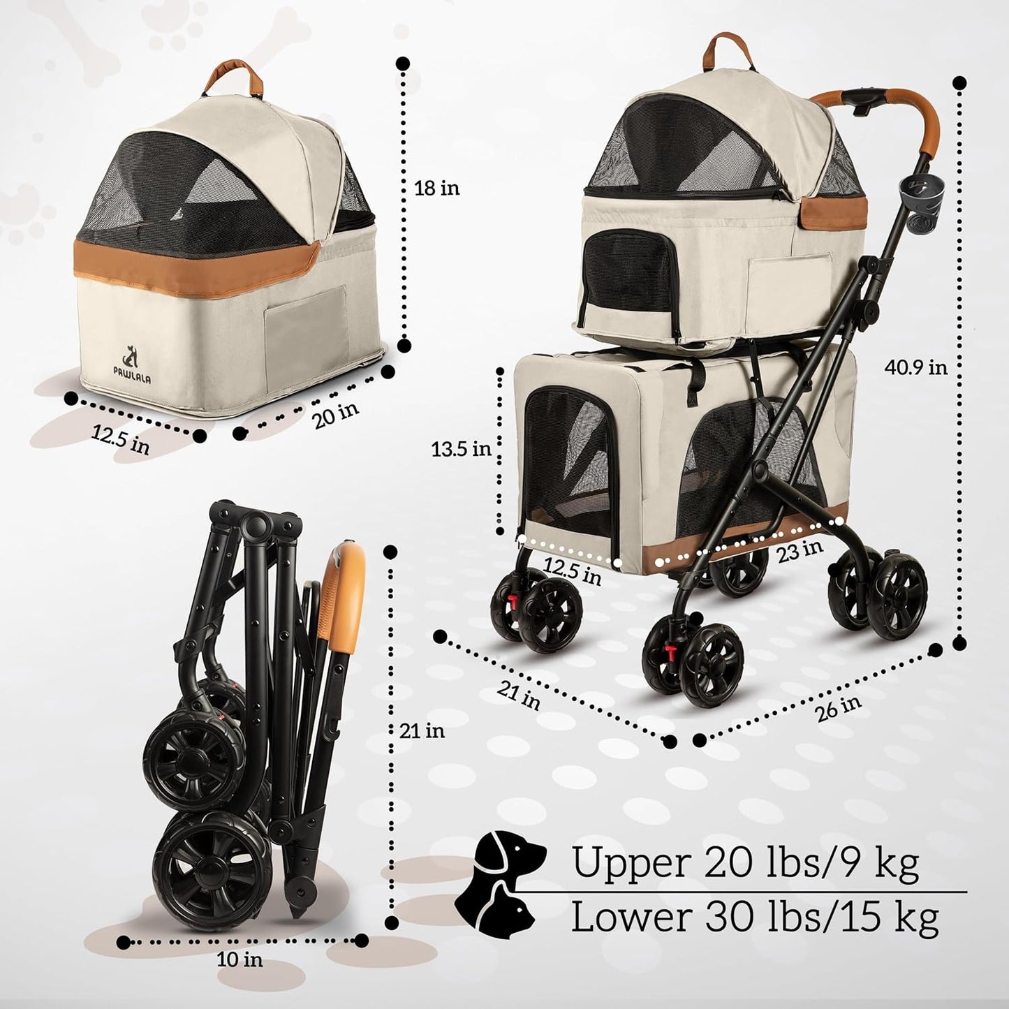 Double Pet Stroller with Detachable Carriers - Ideal for 2 Dogs or Cats - Compact & Convenient Design - Easy Assembly Double Dog Stroller - Cosmic Beige - Pawvie