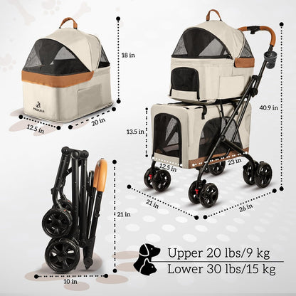 Double Pet Stroller with Detachable Carriers - Ideal for 2 Dogs or Cats - Compact & Convenient Design - Easy Assembly Double Dog Stroller - Cosmic Beige - Pawvie