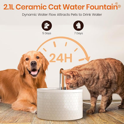 Ceramic Cat Water Fountain - 2.1L/71oz - Honeycomb Embossed All-Ceramic Body & Pure Copper Spout - Non-Toxic & Automatic Pet Drinking Fountain Indoor with Ultra-Quiet Pump, 3 Filters & Sponge