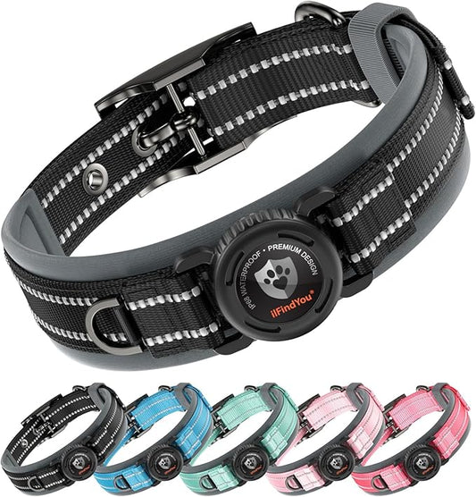 Upgraded AirTag Dog Collar with Holder, Waterproof Reflective Air Tag Dog Collar with Widened Comfortable Padding & Ultra-Durable Metal Buckle, Adjustable for Medium (Black, Small)