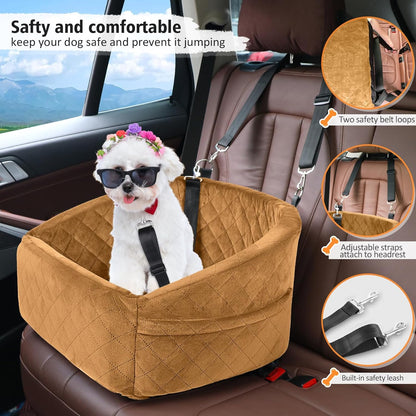 Dog Car Seat for Small Medium Dogs,Detachable Washable Dog Booster Seat Under 30lbs,Pet Car Seat Travel Bed with Storage Pockets and Dog Safety Belt（Brown - Pawvie
