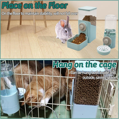 kathson Hanging Automatic Rabbit Pet Food and Water Dispenser, Auto Gravity Bunny Feeders for Cages, Detachable Self-Feeding Feeder and Waterer Set for Ferrets Chinchilla Hedgehog (Light Blue)